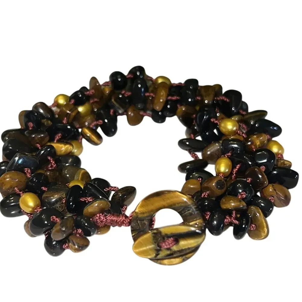 Multistrand Beaded Tiger Eye Onyx Pearl Toggle Knotted Bracelet 8”